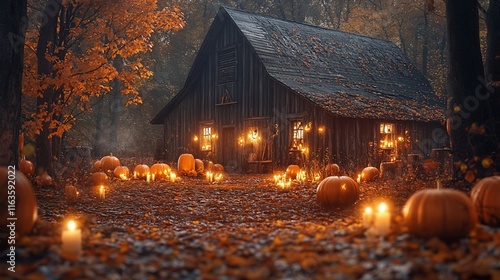 Wallpaper Mural Autumnal, mystical cabin in a fog-filled forest, surrounded by pumpkins and lit candles. Torontodigital.ca