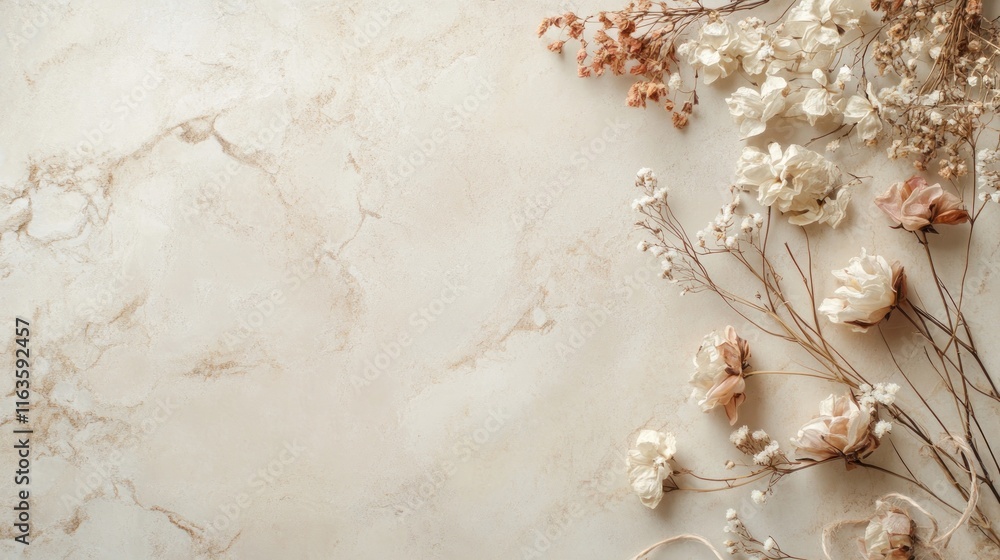 Dried flowers arranged on beige marble background.
