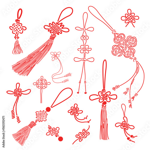 Chinese knot and Japanese tassel typical decoration element, vector illustration