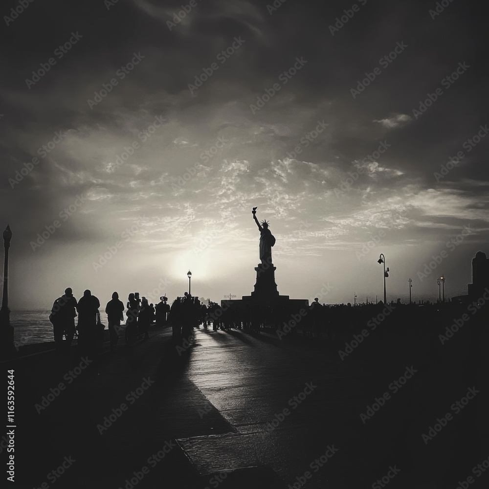 Fototapeta premium Silhouetted statue at sunset with people walking on a path.