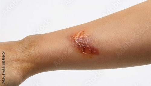 detailed image of a scar caused by a stovetop burn on the forearm with slight redness and visible healing texture on isolated white background
 photo