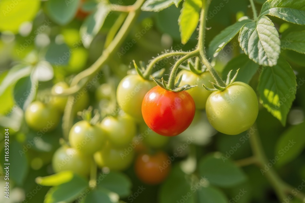 Fresh Red Tomato Among Green Tomatoes on a Sunny Day Fresh Red Tomato Among Green Tomatoes on a Sunny Day