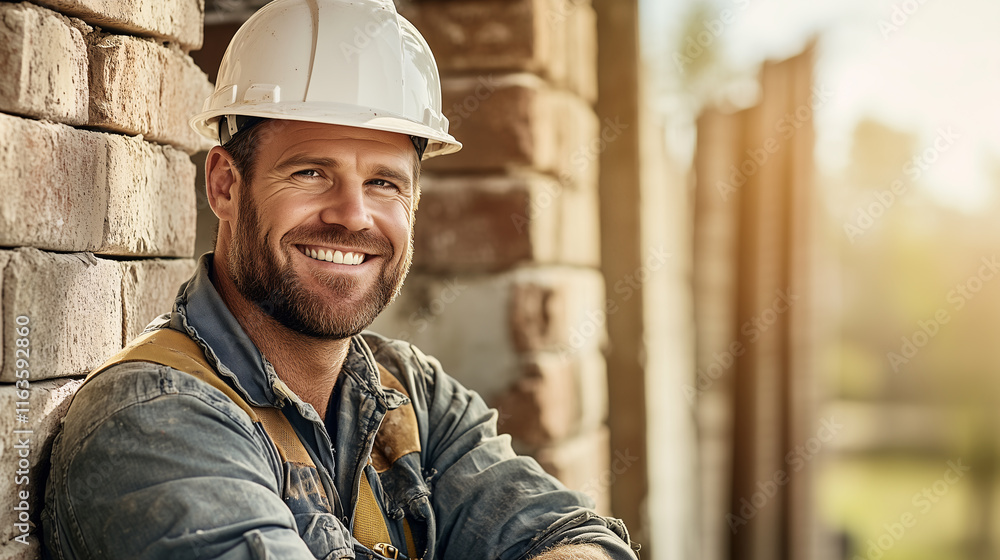 Smiling construction worker leaning against brick wall Smiling construction worker leaning against brick wall