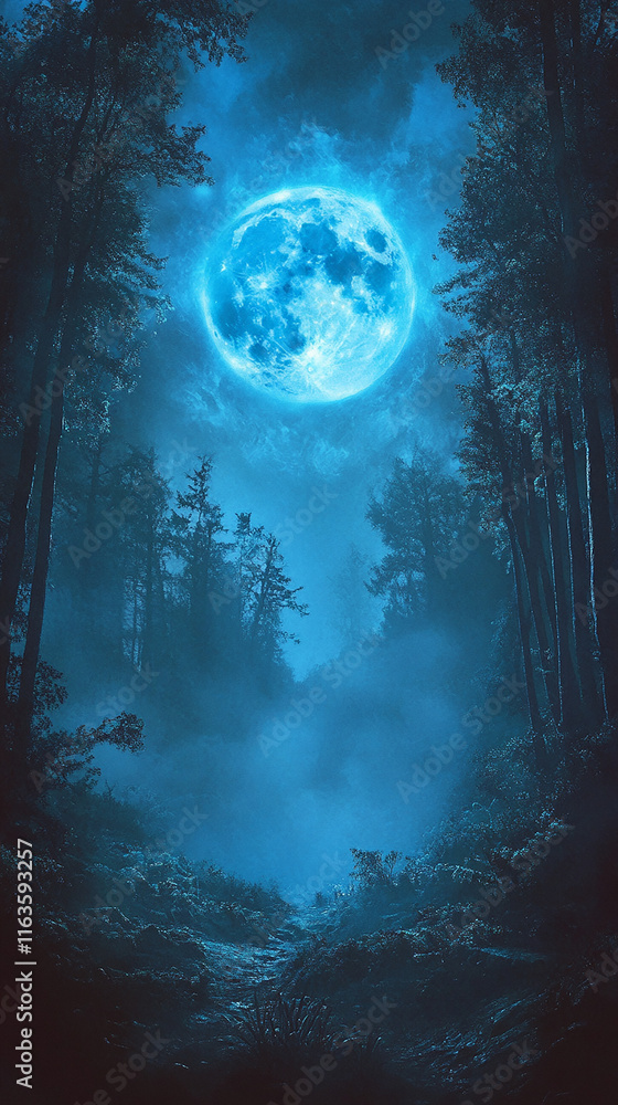Fototapeta premium A vibrant blue moon illuminating a dense foggy forest