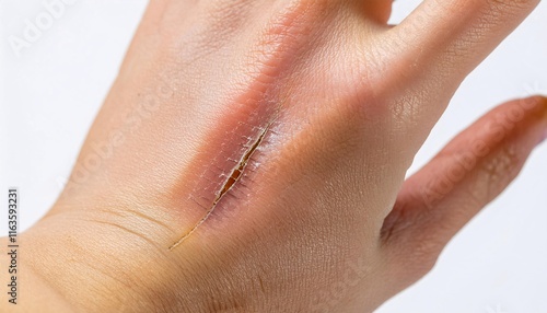 macro shot of a jagged scar from a glass laceration on the back of the hand, displaying healing process and precise texture in isolated white background
 photo