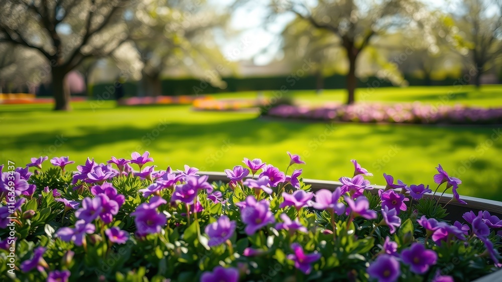 Vibrant purple flowers in a garden setting, bathed in sunlight, with a blurred background of trees and additional flowers. Vibrant purple flowers in a garden setting, bathed in sunlight, with a blurred background of trees and additional flowers.