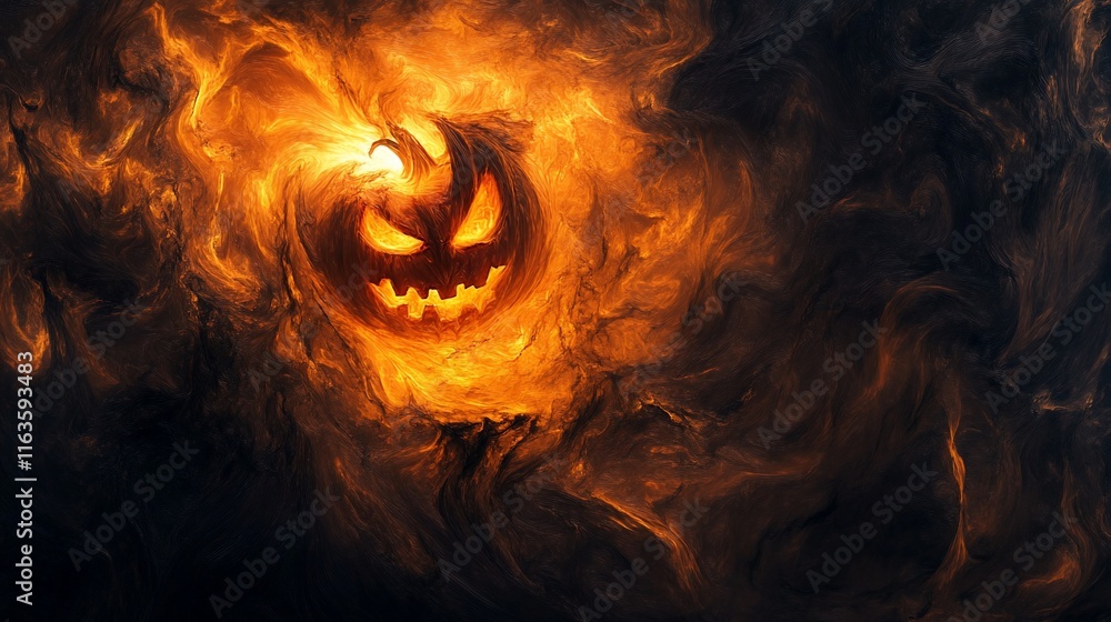 Fiery, swirling pumpkin in a smoky, dark background. Fiery, swirling pumpkin in a smoky, dark background.