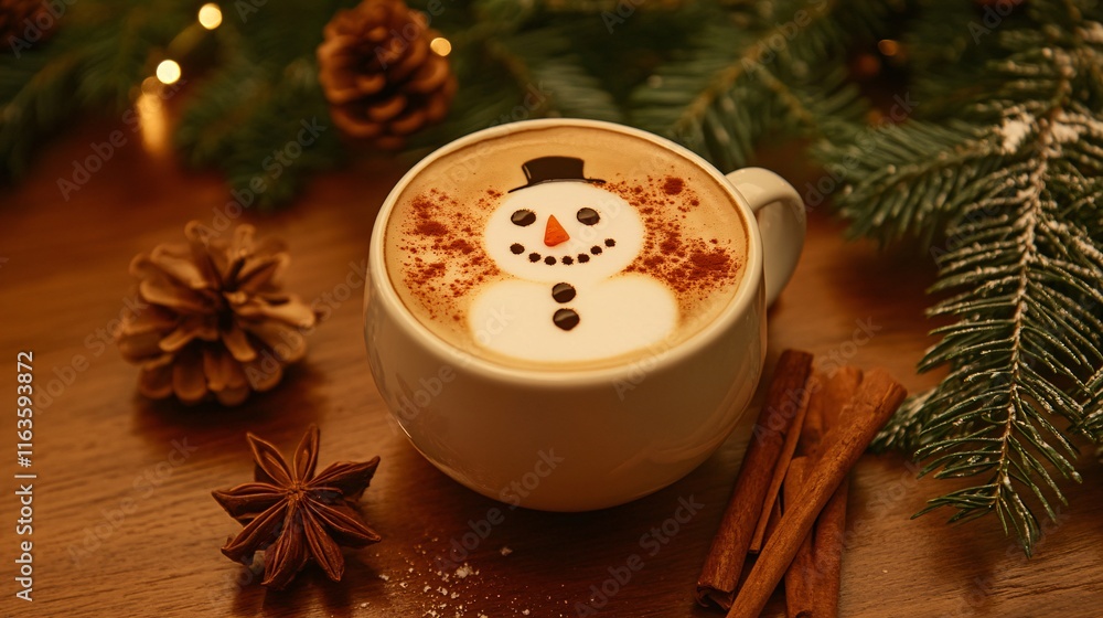 A festive winter-themed latte featuring a snowman design, surrounded by pinecones and cinnamon sticks. A festive winter-themed latte featuring a snowman design, surrounded by pinecones and cinnamon sticks.