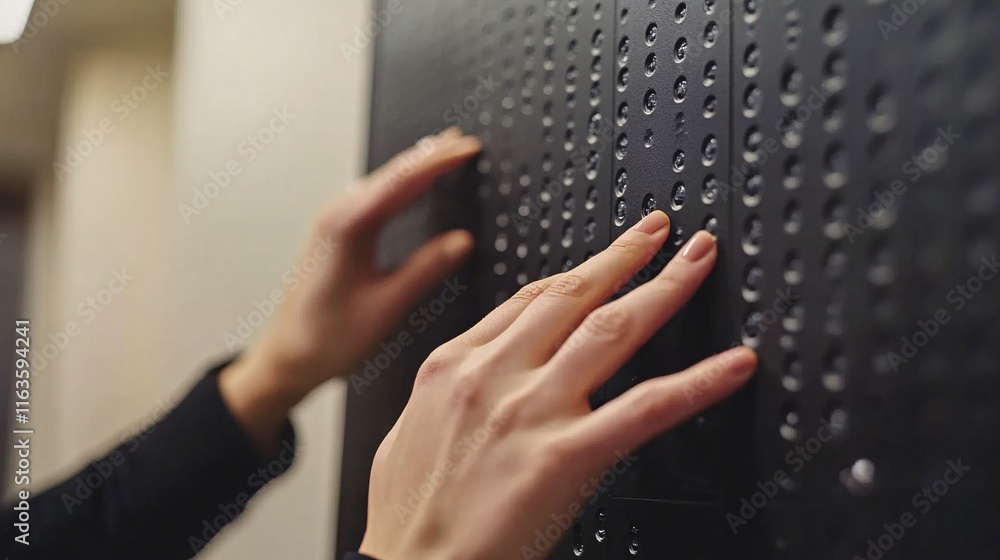 Close-up of a woman's hand exploring a tactile surface with raised dots, emphasizing accessibility and interaction. Close-up of a woman's hand exploring a tactile surface with raised dots, emphasizing accessibility and interaction.