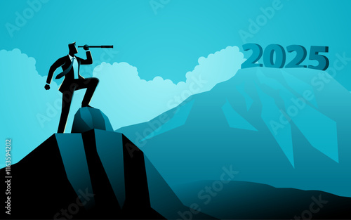 Businessman gazing at the text 2025 on a distant mountain peak through a telescope. Symbolizing future planning, ambition, business strategy, forecasting, success, and goal setting