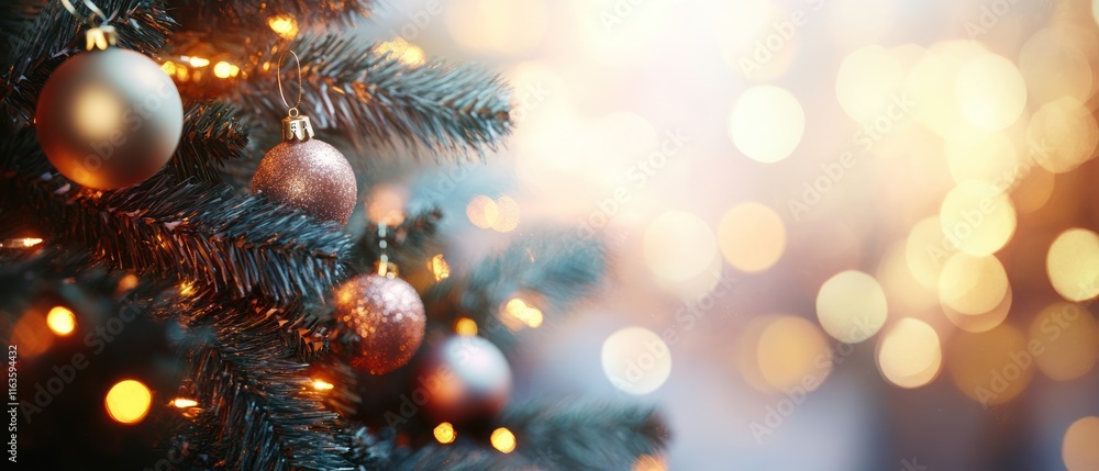 Close-up of a decorated Christmas tree with warm lights and ornaments. Close-up of a decorated Christmas tree with warm lights and ornaments.