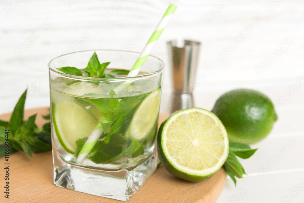 Mojito cocktail. Refreshing mojito cocktail with lime, lemon and mint in a tall glass with a stick Mojito cocktail. Refreshing mojito cocktail with lime, lemon and mint in a tall glass with a stick