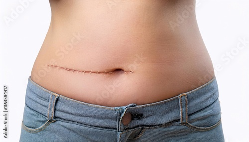 close-up of a c-section surgical scar on the lower abdomen, showing detailed stitch marks and skin healing process in isolated white background
 photo