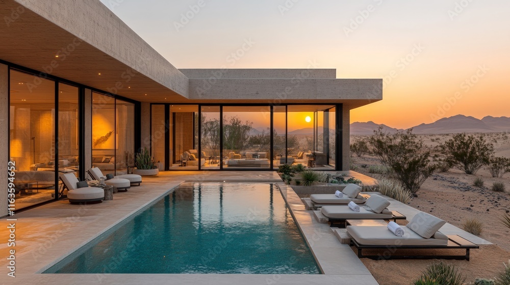 Fototapeta premium Modern desert house, sunset view, infinity pool.