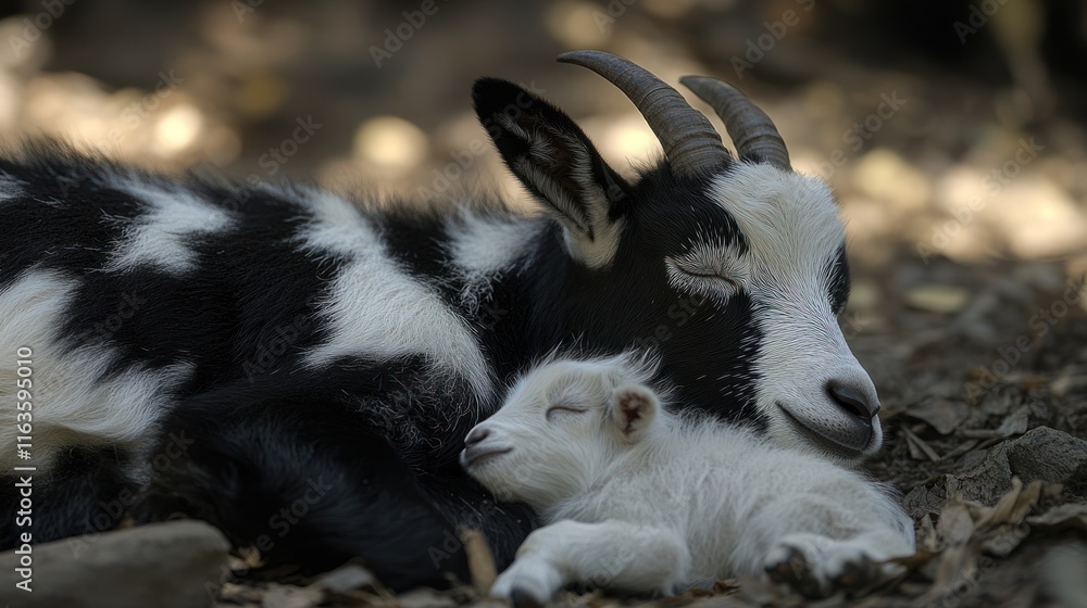 A mother goat and her kid snuggle together, resting peacefully on the ground amidst fallen leaves. A mother goat and her kid snuggle together, resting peacefully on the ground amidst fallen leaves.