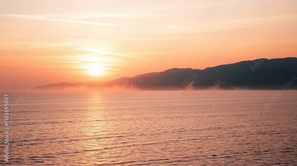 Fototapeta premium Serene Sunrise Over Misty Coastal Mountains and Calm Water