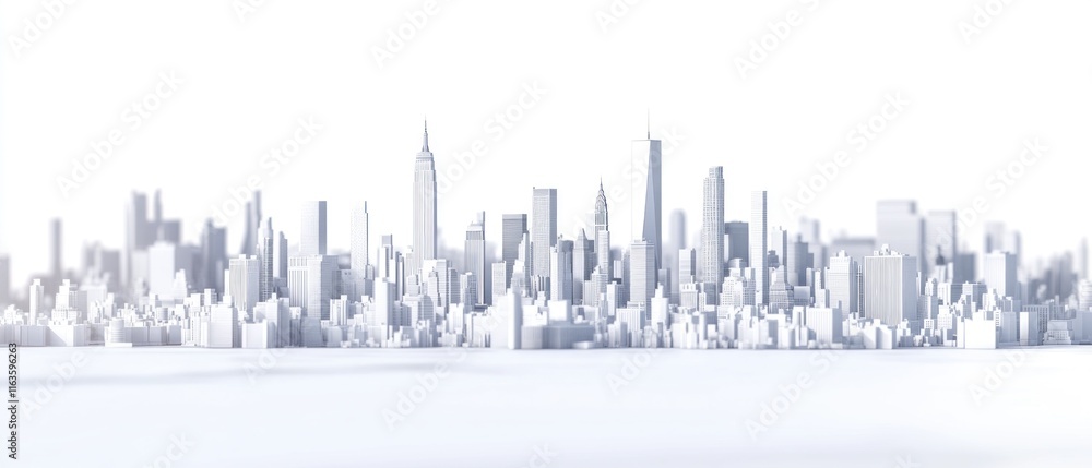 Stylized cityscape skyline, white and grey buildings against white background. Stylized cityscape skyline, white and grey buildings against white background.