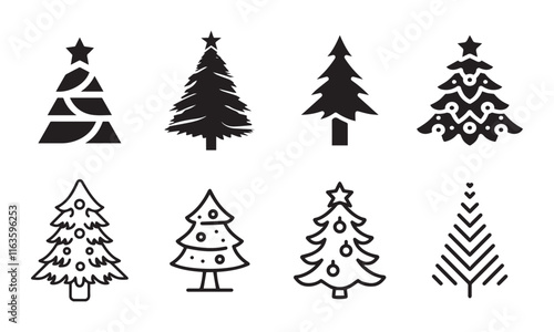 Black Christmas tree icons, ideal for holiday designs and prints.