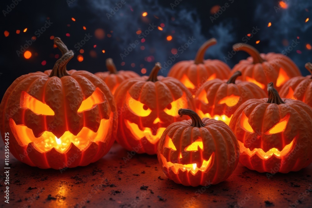 Glowing Jack-o'-lanterns with Spooky Expressions for Halloween Festivities Glowing Jack-o'-lanterns with Spooky Expressions for Halloween Festivities