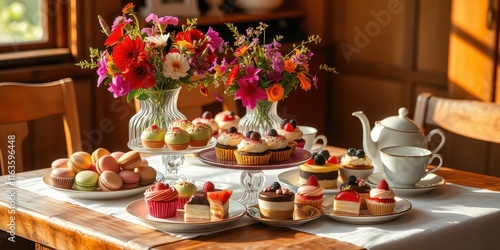 Wallpaper Mural A delightful assortment of colorful pastries and floral arrangements adorns a wooden table, creating a charming and inviting atmosphere for an afternoon tea party. Torontodigital.ca