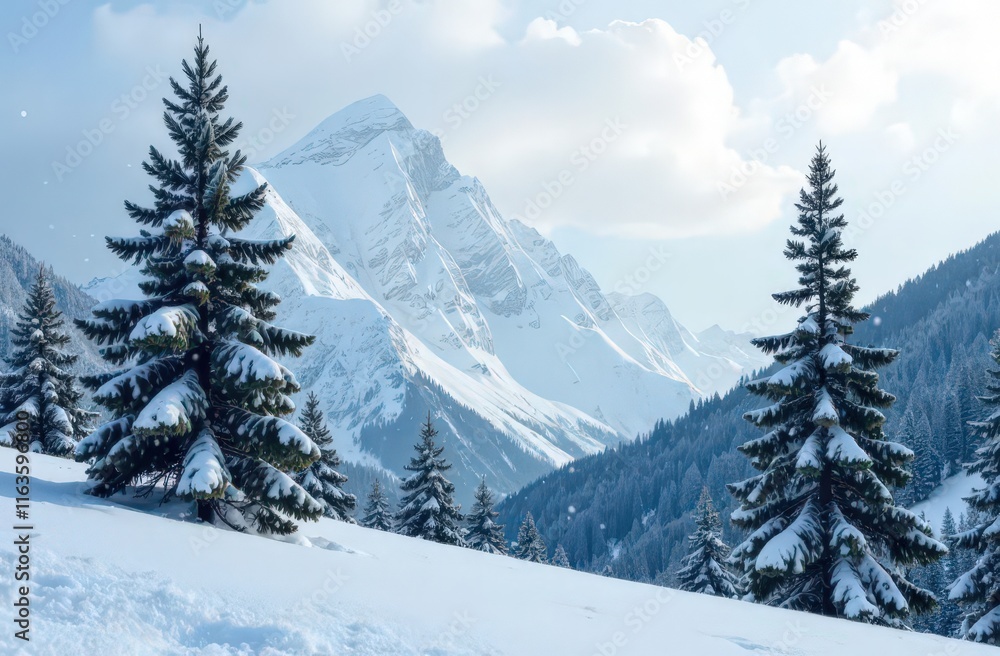 A snowy mountain landscape with tall pine trees A snowy mountain landscape with tall pine trees