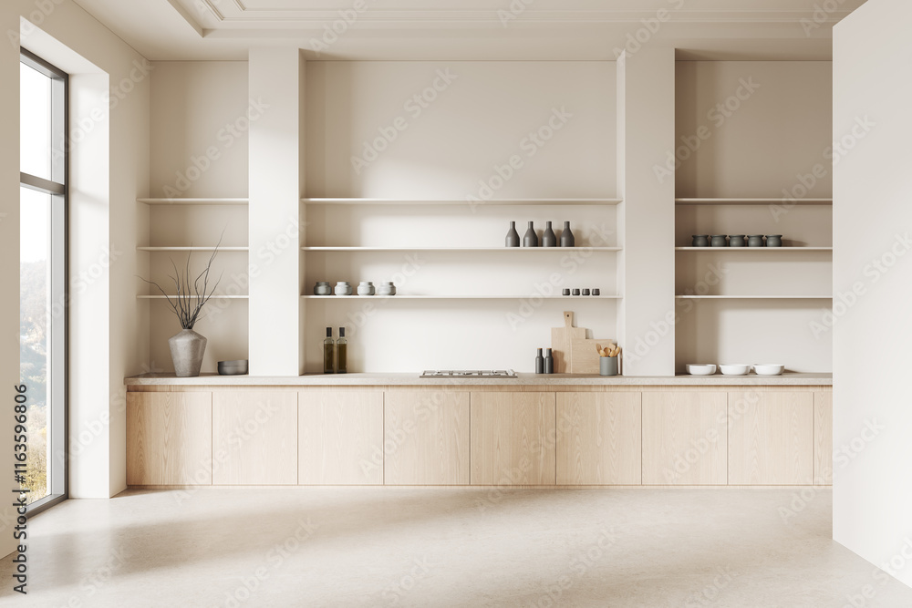 Fototapeta premium Modern minimalist kitchen interior with open shelving and natural wooden cabinets. 3D Rendering