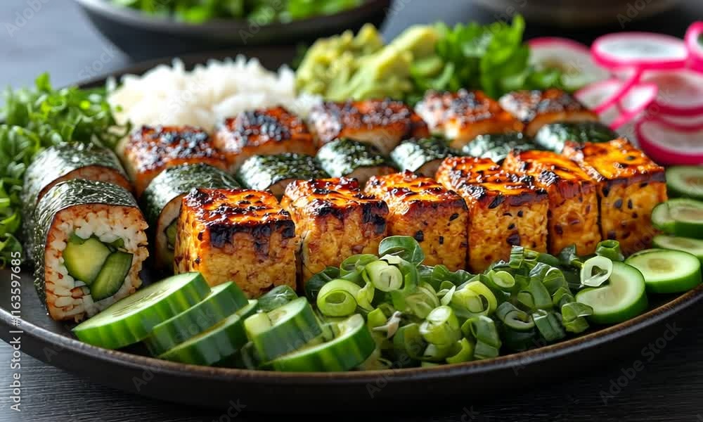 A vibrant sushi platter featuring grilled salmon, cucumber rolls, rice, and fresh vegetables. A vibrant sushi platter featuring grilled salmon, cucumber rolls, rice, and fresh vegetables.