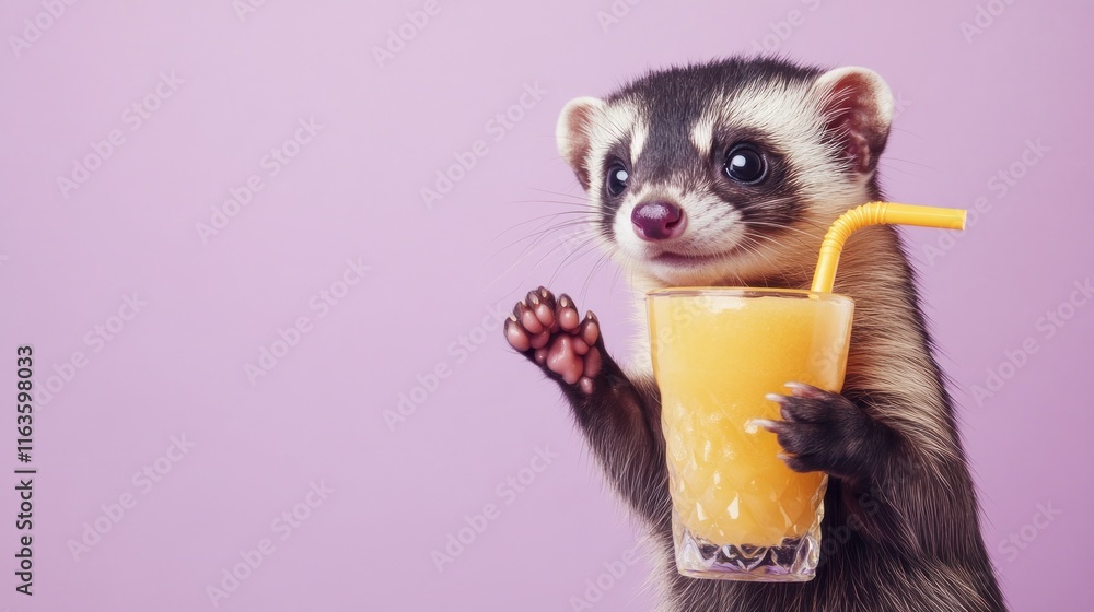 Adorable ferret enjoying a glass of orange juice against a lilac background. Adorable ferret enjoying a glass of orange juice against a lilac background.