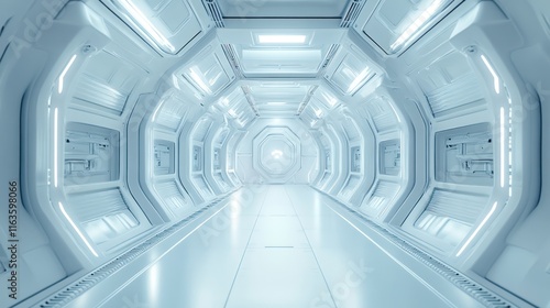 Futuristic white spaceship corridor interior.