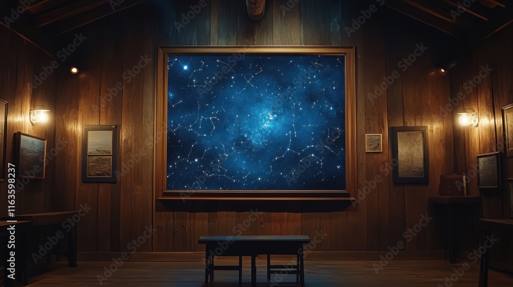 Starry cosmos art installation in a rustic gallery setting during a tranquil evening Starry cosmos art installation in a rustic gallery setting during a tranquil evening