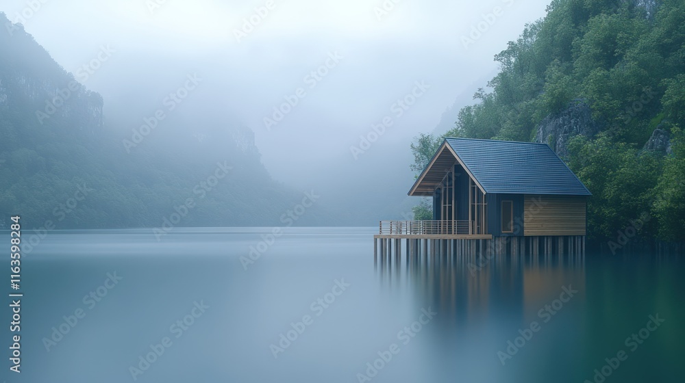 Fototapeta premium Misty lake serene wooden house.