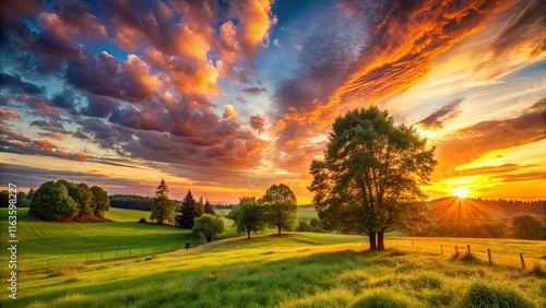 Wallpaper Mural Serene Sunset in Countryside with Lush Trees, Gentle Grass, and Dramatic Clouds - Natureâ€™s Peaceful Evening Scene Torontodigital.ca