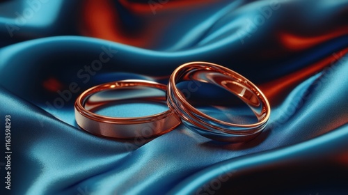 Elegant wedding rings gently resting on a luxurious blue and copper satin fabric, symbolizing timeless love and commitment