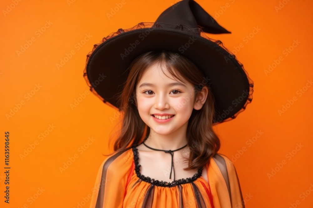 Young Girl in Witch Costume with Orange Background and Smiling Face Young Girl in Witch Costume with Orange Background and Smiling Face