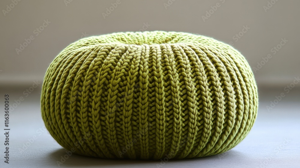 Cozy knitted pouf adds a touch of comfort and style to modern living spaces in a serene indoor setting Cozy knitted pouf adds a touch of comfort and style to modern living spaces in a serene indoor setting