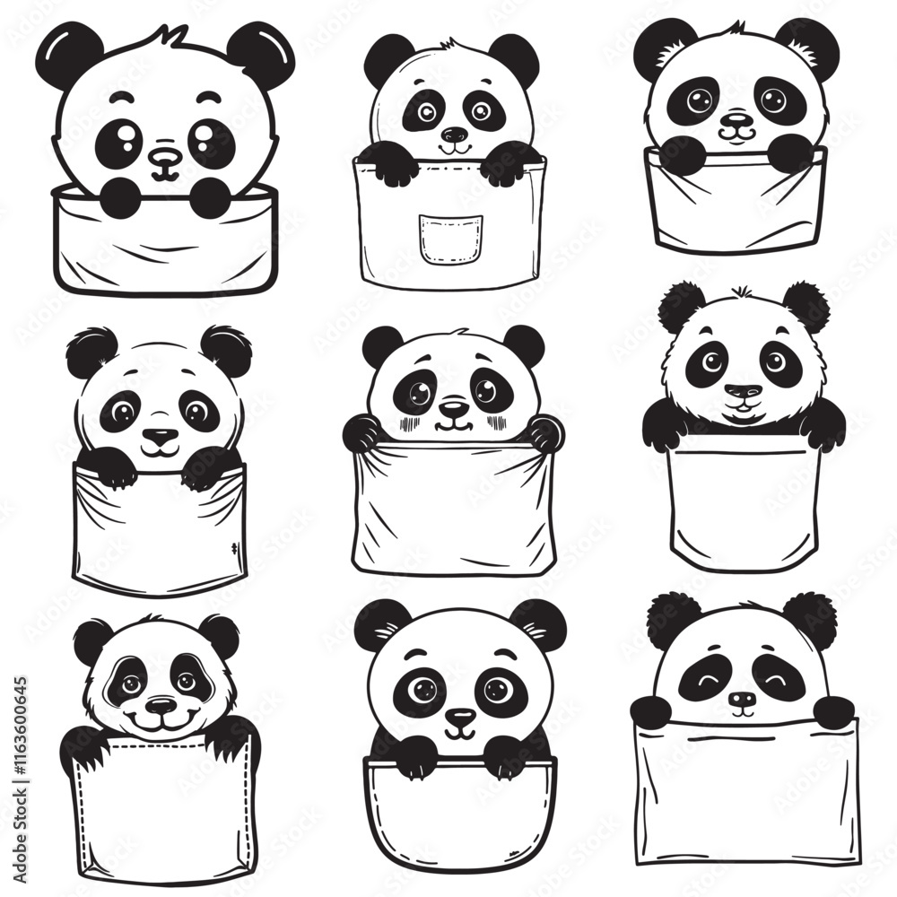 Obraz premium cute panda peeking from pocket silhouette, vector illustration 