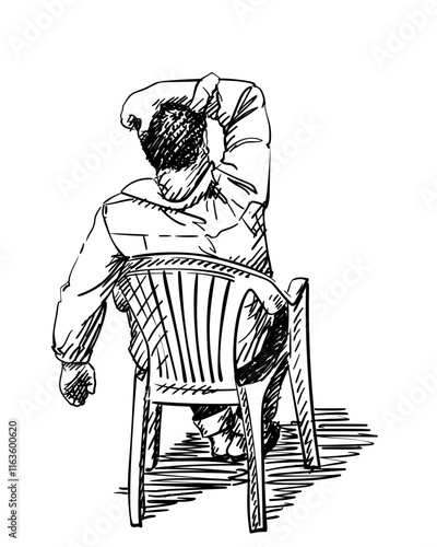 Adult man sitting sprawled on plastic chair scratching his head, Rear view, Hand drawn illustration, Vector freehand sketch