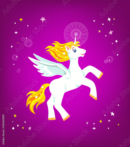 Joyful cartoon white winged unicorn with orange mane and tail, rearing up in mauve sky