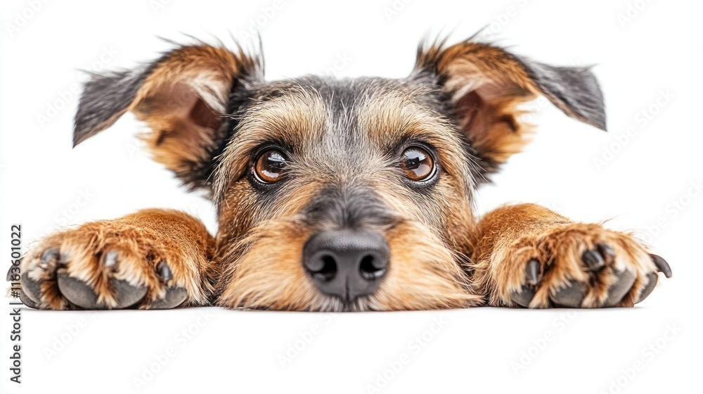 Adorable mixed-breed puppy with big, expressive eyes rests its paws on a white surface, looking directly at the camera. Adorable mixed-breed puppy with big, expressive eyes rests its paws on a white surface, looking directly at the camera.