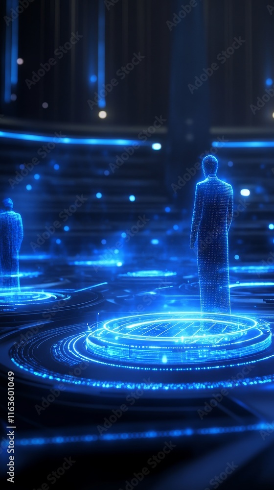 Futuristic holographic figures standing in a digital landscape with glowing circles, representing advanced technology and innovation. Futuristic holographic figures standing in a digital landscape with glowing circles, representing advanced technology and innovation.
