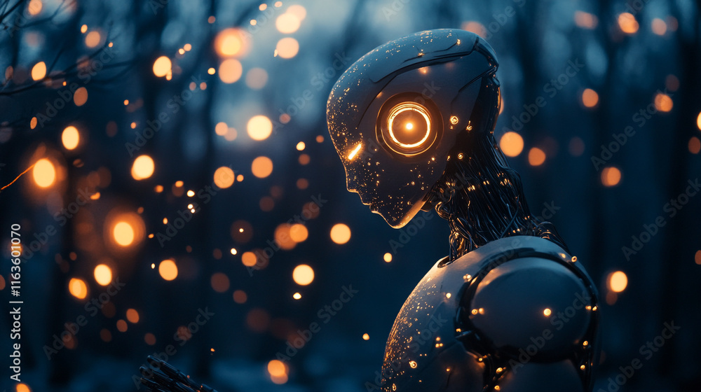 Robotic figure illuminated by glowing lights in a twilight forest setting Robotic figure illuminated by glowing lights in a twilight forest setting