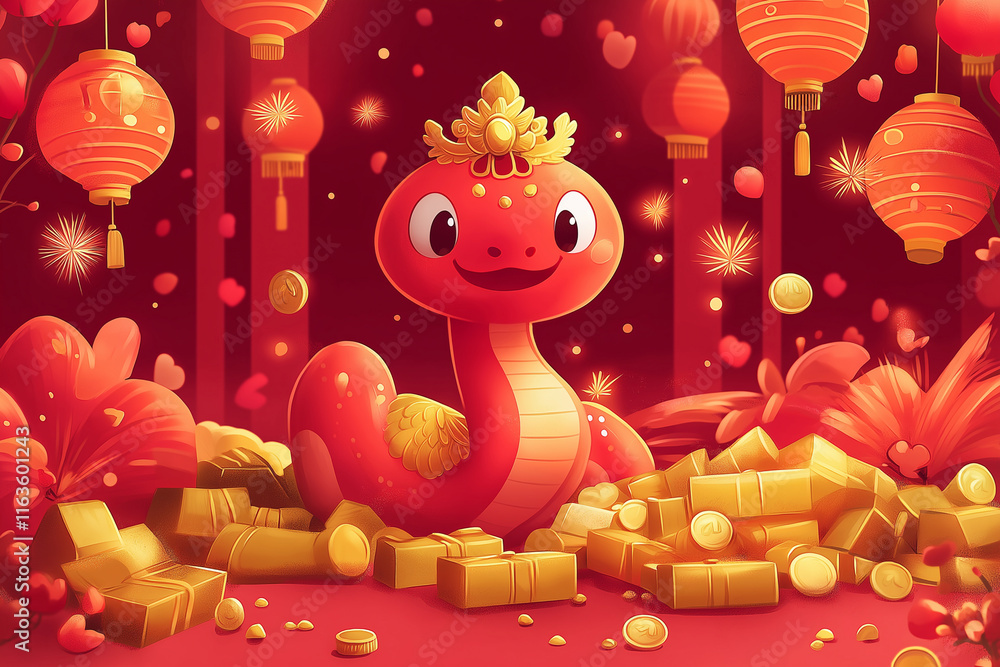 Naklejka premium A cute red snake with large eyes and a friendly expression.