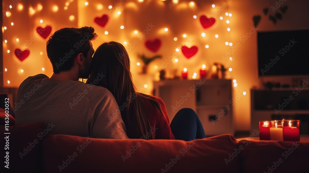 A couple enjoying a cozy moment surrounded by warm lights and decorations. A couple enjoying a cozy moment surrounded by warm lights and decorations.