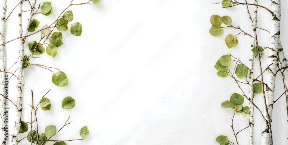 Birch branches and green leaves frame a white background. Birch branches and green leaves frame a white background.