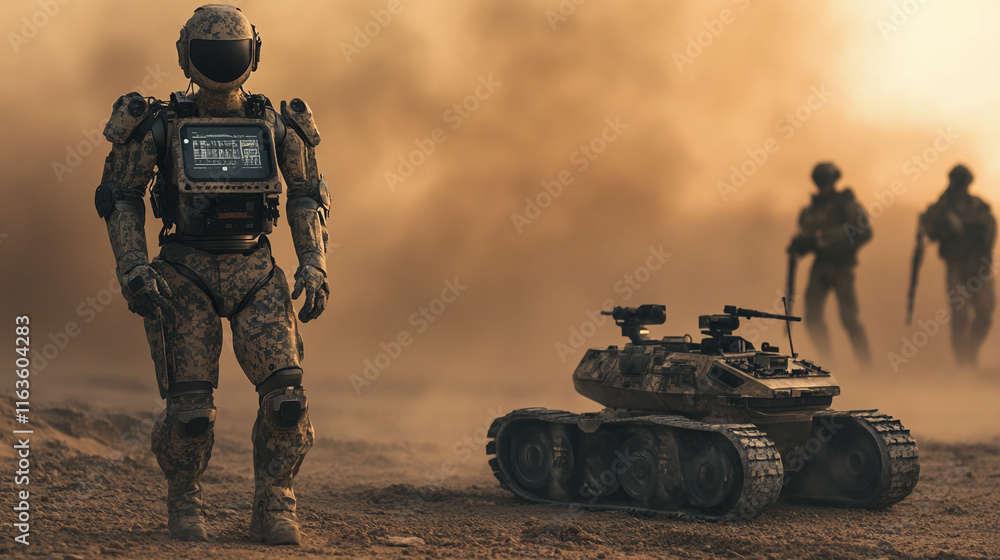 Advanced robotic soldier stands ready beside remote-controlled tank in a dusty battlefield Advanced robotic soldier stands ready beside remote-controlled tank in a dusty battlefield