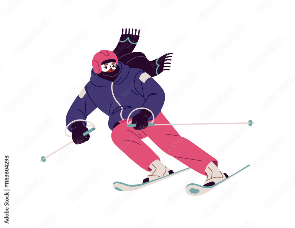 Obraz premium Sportsman in helmet and with poles fast rides on skies in competition. Professional skier is in snow race. Athlete of winter sport contests. Flat isolated vector illustration on white background