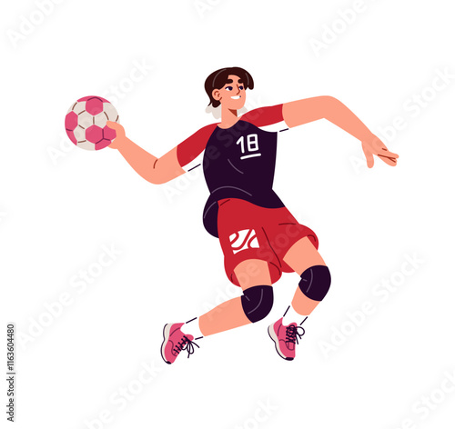 Professional handball player throws, passes ball. Sportswoman in uniform plays sports game in competition, rushing to win. Athlete training. Flat isolated vector illustration on white background