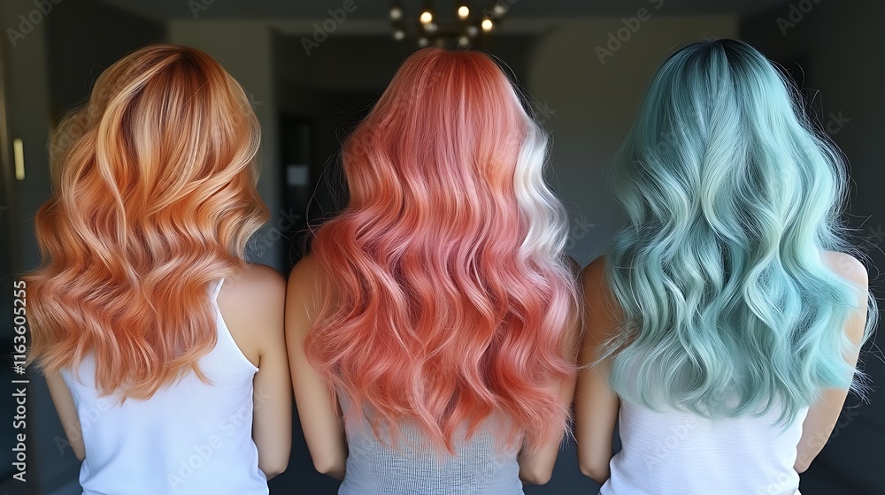 Three women display vibrant long wavy hair colors Three women display vibrant long wavy hair colors