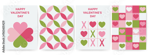 Set of valentine's day flyers, banners. Romantic love icons in simple geometric shapes, geometry minimalistic style for card, invitation, poster, flyer, web design