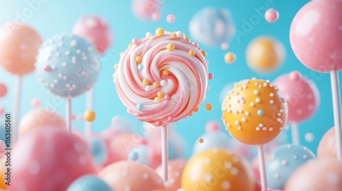 Colorful lollipops dancing in a whimsical candy world filled with sweet treats and joyful delights during a sunny day